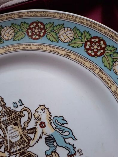 Soccer Fans A Rare !  Vintage Elizbethan Fine BONE China Plate 10.5 ins  100th  Football Final Manchester City  v Tottenham  Hotspur  9th May 1981 Commemorative Lpate Programmes lunches Banquet Details  TEAM winners over the years