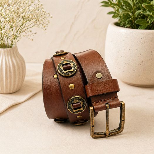 Unisex Genuine Leather Studded Belt Vintage Brown Leather Belt with Antique Brass Rivets & Buckle