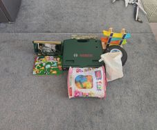mixed toys blocks, hot wheels, work table