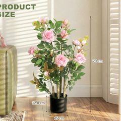 90cm Artificial Rose Tree, Decorative Fake Plant with 344 Silk Leaves 17 Flowers for Outdoor Indoor Decor, Pink