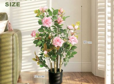 90cm Artificial Rose Tree, Decorative Fake Plant with 344 Silk Leaves 17 Flowers for Outdoor Indoor Decor, Pink