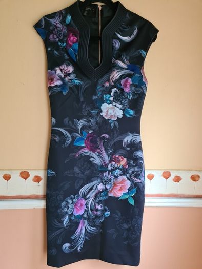 TED BAKER MARCELA black oriental floral dress midi Size 2 UK 10