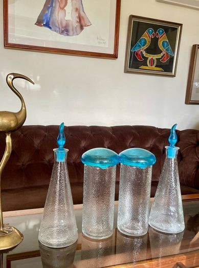 Set of Glass Genie Bottles with Turquoise Blue Flame Stoppers and Tall Containers with Mushroom Lids MCM Retro