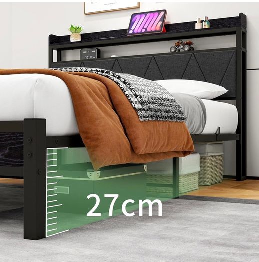 4ft6 Double Size Bed Frame with LED Lights Storage Upholstered Headboard and Charging Station, Solid Metal Platform Bed Double Size, No Box Spring Needed, Noise Free