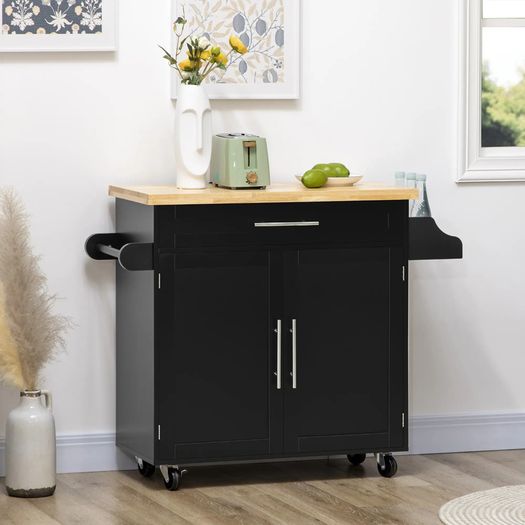Kitchen trolley serving cart kitchen island, 1 spice rack, 1 towel rail, 109 cm x 40 cm x 89 cm, Black