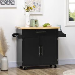 Kitchen trolley serving cart kitchen island, 1 spice rack, 1 towel rail, 109 cm x 40 cm x 89 cm, Black