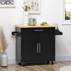 Kitchen trolley serving cart kitchen island, 1 spice rack, 1 towel rail, 109 cm x 40 cm x 89 cm, Black