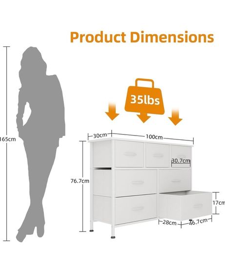 Chest of Drawers for Bedroom with 7 Drawers, Fabric Storage Drawer, Tall White Hallway Storage Unit