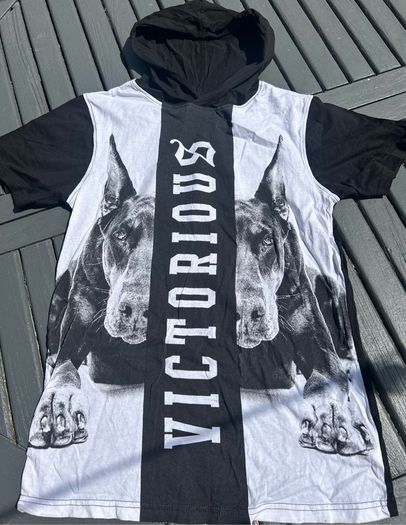 Black & White dog print hoody t-shirt - Size 158/Approx Age 12-13 yrs