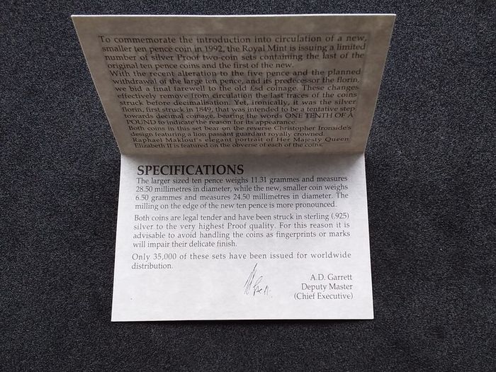 1992 Royal Mint Silver Proof 10p Two-Coin Set ( Complete with COA and Box )