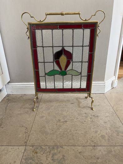 Vintage brass& leaded glass fire screen and brass accessories