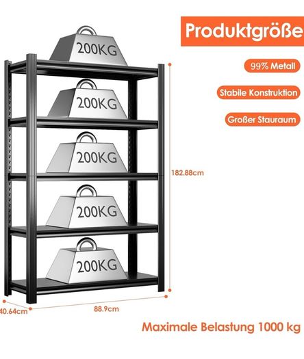 Heavy Duty Metal Shelf 183x90x40 cm with 5 Adjustable Metal Shelf Garage Shelving Units,Racking for Garage,Storage Shelf for Cellars & Workshops,Load capacity up to 1000 kg,Black