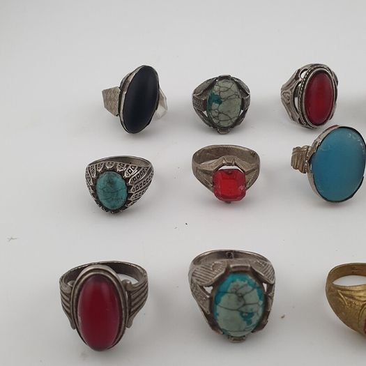 15 Rustic Brass Rings Mixed Traditional Glass & Stone Ring Collection