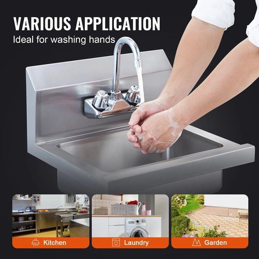 Commercial Stainless Steel Hand Wash Sink with Faucet, Wall-Mounted Utility Basin, 17 x 12.8 Inch for Restaurant, Kitchen, Bar, Garage & Home