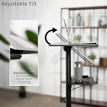 Mobile 24 x 16 inch Lectern Podium, Height Adjustable Steel Rolling Laptop Cart on Wheels, Black, CART-V03E