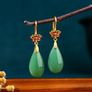 Jade Teardrop Stone Flower Drop Gold Earrings Image 2