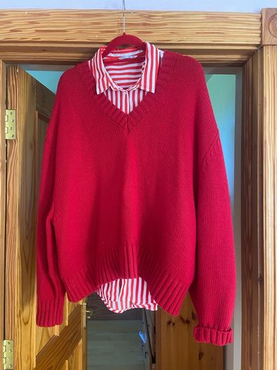 Zara Red Oversized V Neck Jumper  Size Large