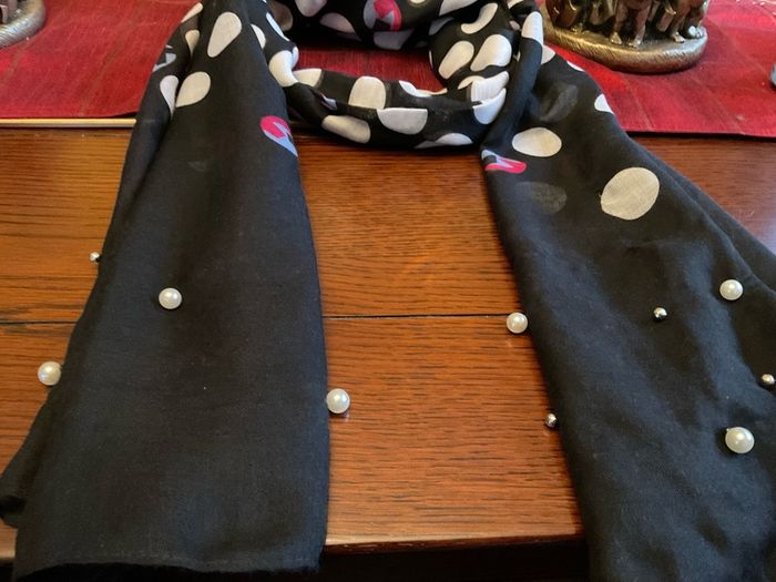 Samoon. FURTHER REDUCED.   Scarf In Black With White Polka Dots And A Littlle  Blue and Pink Also , With Decorative Pearls At The End