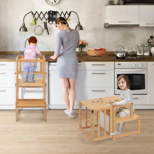 3-In-1 Toddler Kitchen Stool Helper  Convertible Standing Tower With Whiteboard for Kids Childrens Bathroom Kitchen Counter Helper Mothers' Helper Tower Learning Stool (Natural)