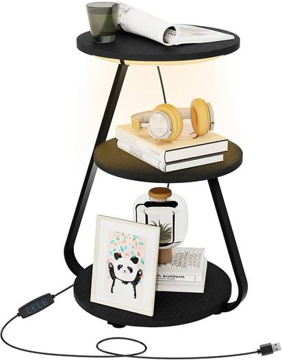 Side Table, Small Round Coffee Table with 3 Color LED Lights, End Table with 3 Tier Storage Shelves, Bedside Sofa Side Tables for Living Room Bedroom, Black