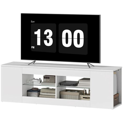 140 cm TV stand, TV dresser, 6 compartments, 2 glass shelves, chipboard, white