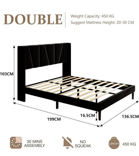 Double Bed Frame with Headboard, Velvet Geometric Tufted Upholstered Platform Bed Frames, Contemporary Mattress Foundation, No Box Spring Needed, Noise Free, Easy Assembly, Black