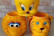 Vintage 90s Plastic 3D Character Mugs Bundle  Tweety Bird, Lion and Tiger