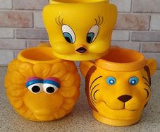 Vintage 90s Plastic 3D Character Mugs Bundle  Tweety Bird, Lion and Tiger