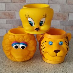 Vintage 90s Plastic 3D Character Mugs Bundle  Tweety Bird, Lion and Tiger