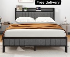 King Size Bed Frame with Storage and Headboard Shelf, Upholstered Bed