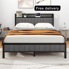 King Size Bed Frame with Storage and Headboard Shelf, Upholstered Bed