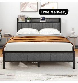 King Size Bed Frame with Storage and Headboard Shelf, Upholstered Bed