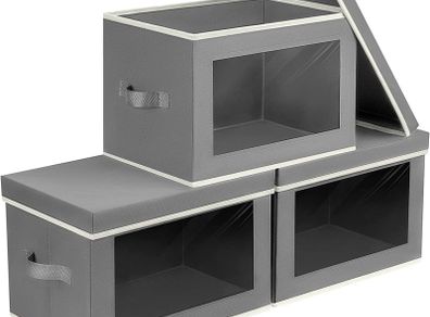 3 Pack Storage Boxes with Lids Foldable Storage Cubes with Transparent Window Fabric Storage Organiser Box for Toys, Clothes, Books, Wardrobe, Closet, Office