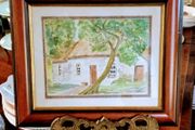 Vintage cottage scene watercolour by artist R Hutchinson