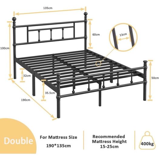 4ft6 Double Bed Frame Heavy Duty Steel Bed with Headboard and Footboard Black Metal Slat Support and 32cm Underbed Storage Space Easy Assembly, No Box Spring Needed, Platform Noise-Free