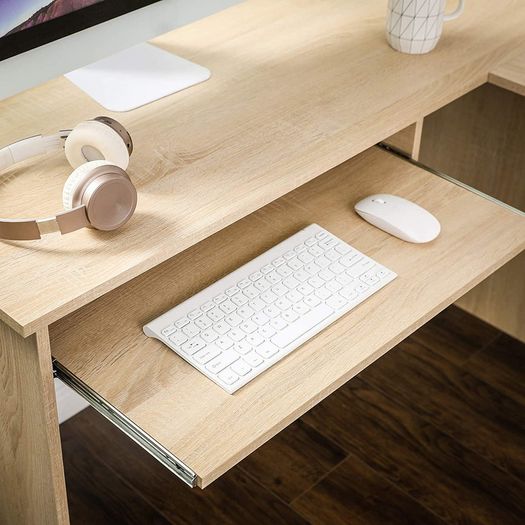 _L-shaped computer table, desk, corner desk with 2 shelves, 60 x 30 cm keyboard shelf, for the office and study, 140 x 120 x 75 cm, oak-colored