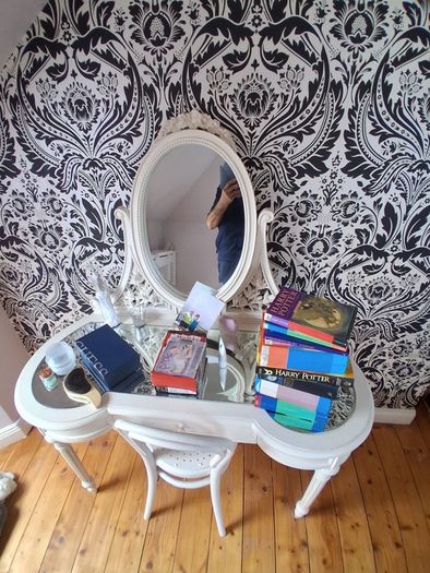 french chateau bed, beside table, vanity