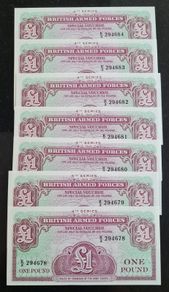 Lot of 7 In Sequence Great Britain (British Armed Forces) 1 Pound 1962 Pick M36 4th SERIES ( Uncirculated ) Banknotes