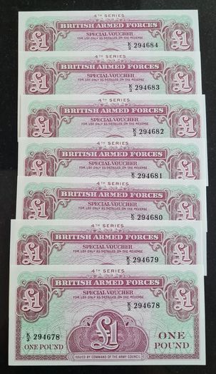 Lot of 7 In Sequence Great Britain (British Armed Forces) 1 Pound 1962 Pick M36 4th SERIES ( Uncirculated ) Banknotes