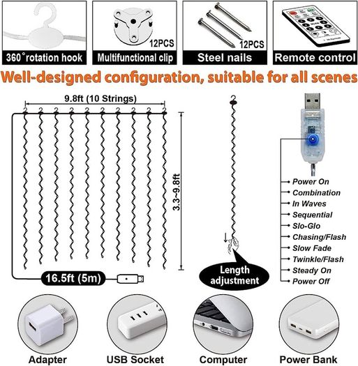 300 LED Curtain Lights, USB Window Lights, 3m x 3m 8 Modes Remote Control Fairy Light Waterproof LED Copper String Lights for Outdoor Indoor Wedding Party Garden Bedroom Decoration, Cool White (FREE SHIPPING)