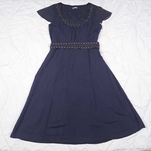 Per Una Navy Blue Linen Embellished Scoop Neck Chiffon Flutter Sleeve Midi Dress 14UK/42EU
