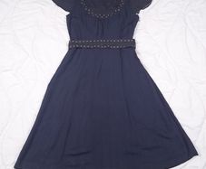 Per Una Navy Blue Linen Embellished Scoop Neck Chiffon Flutter Sleeve Midi Dress 14UK/42EU