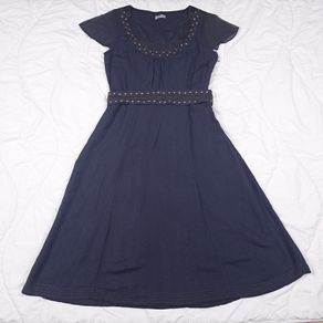 Per Una Navy Blue Linen Embellished Scoop Neck Chiffon Flutter Sleeve Midi Dress 14UK/42EU