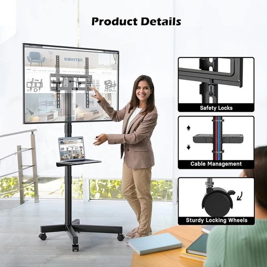 Mobile TV Stand on Wheels, Rolling TV Cart with Media Shelf, TV Mount Stand with Tilt, 2 Level Height Adjustable Low Profile Design for 23 60in LED/LCD/OLED TVs, Holds 25kg, Max VESA 400x400mm