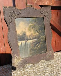 Antique framed signed quaint waterfall scene, D18