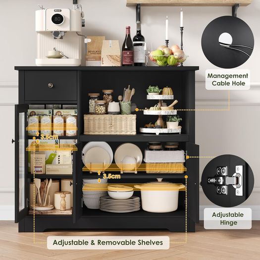 Kitchen Cabinet with Worktop, Sideboard Kitchen with Microwave Shelf, Buffet Cabinet with 1 Drawer, 3 Doors, Adjustable Shelves, for Kitchen, Dining Room, Living Room, Black