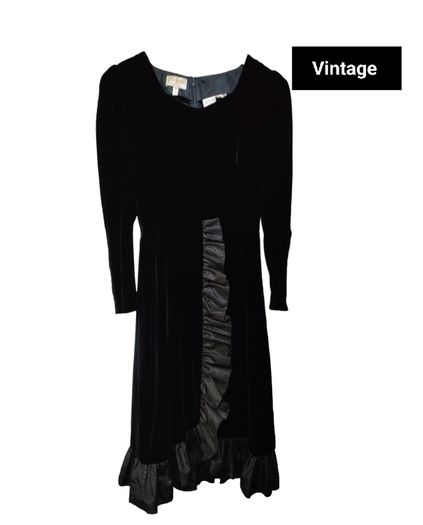 Vintage 80s black velvet ruffle dress size XS or Small postage included
