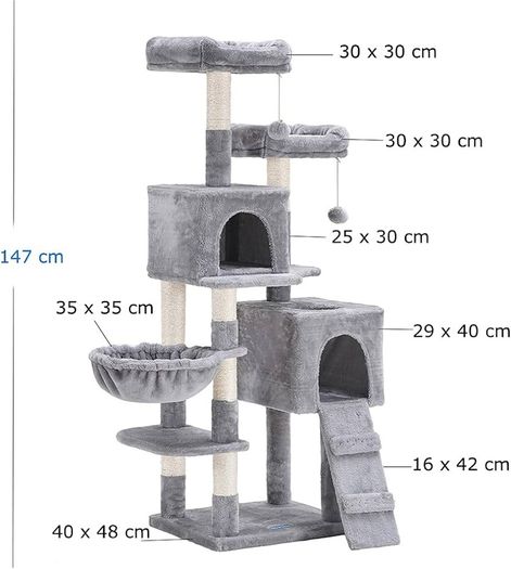 Cat Tree, 147 cm cat tower, Multi-Leve cat condo, Gray