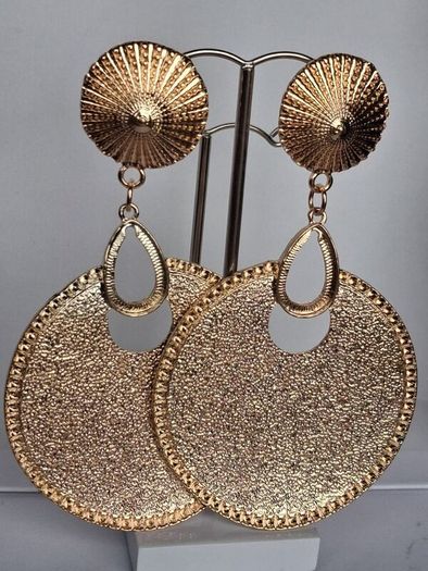 Gold Sunburst Hammered Round Disc Drop Earrings