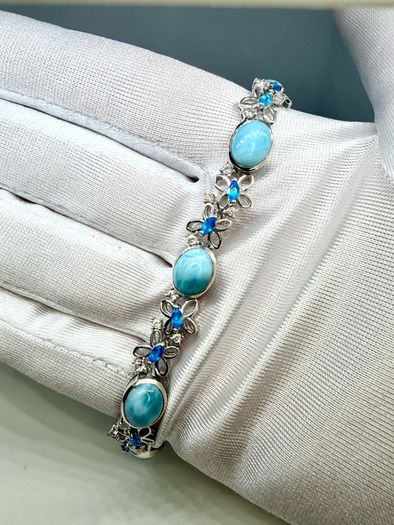 Silver bracelet Larimar & Neon Apatite Cluster Bracelet